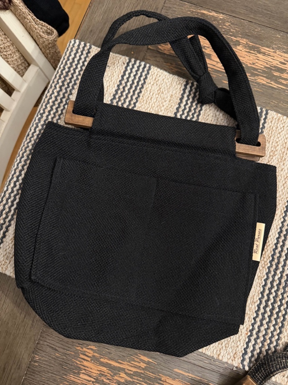 Black Tote with Wooden Accent Handles by